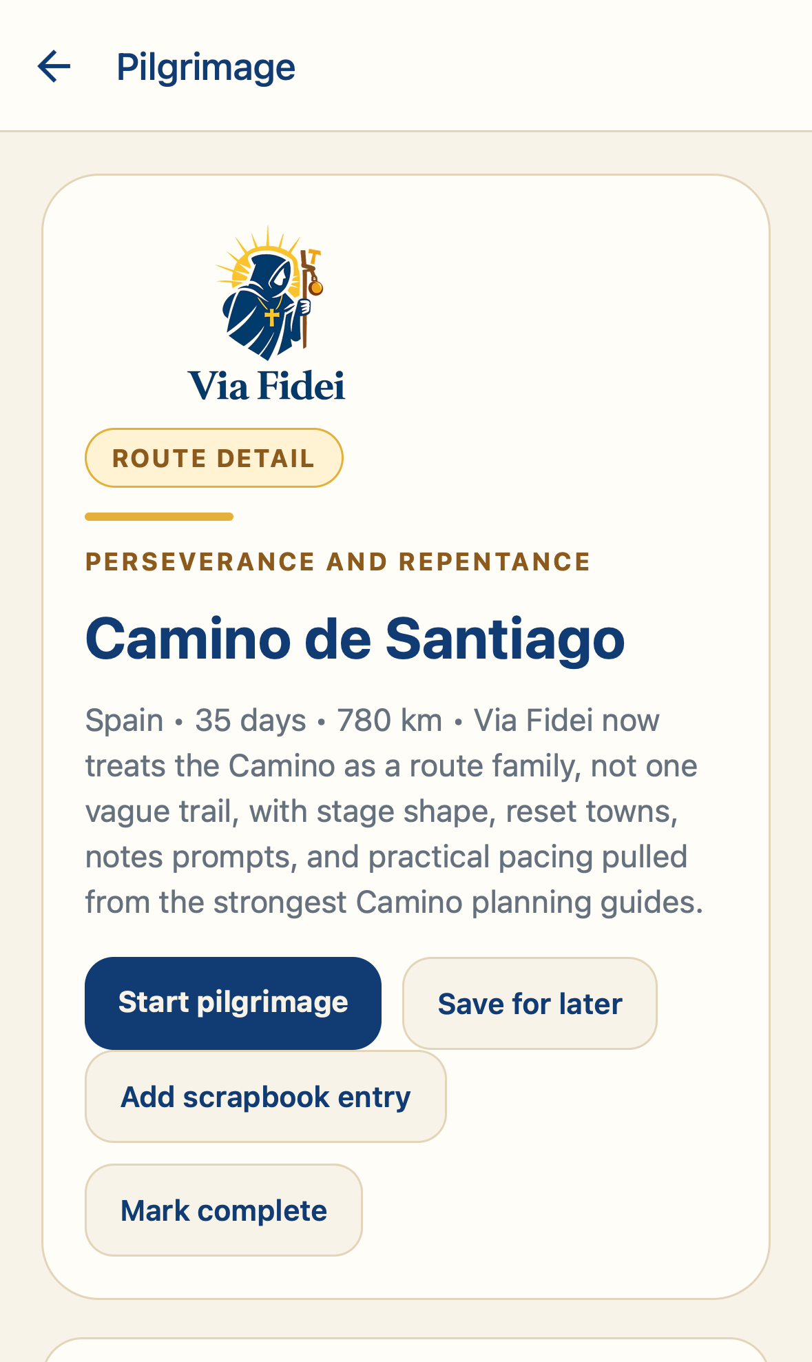 Via Fidei Pilgrimage Camino detail screen
