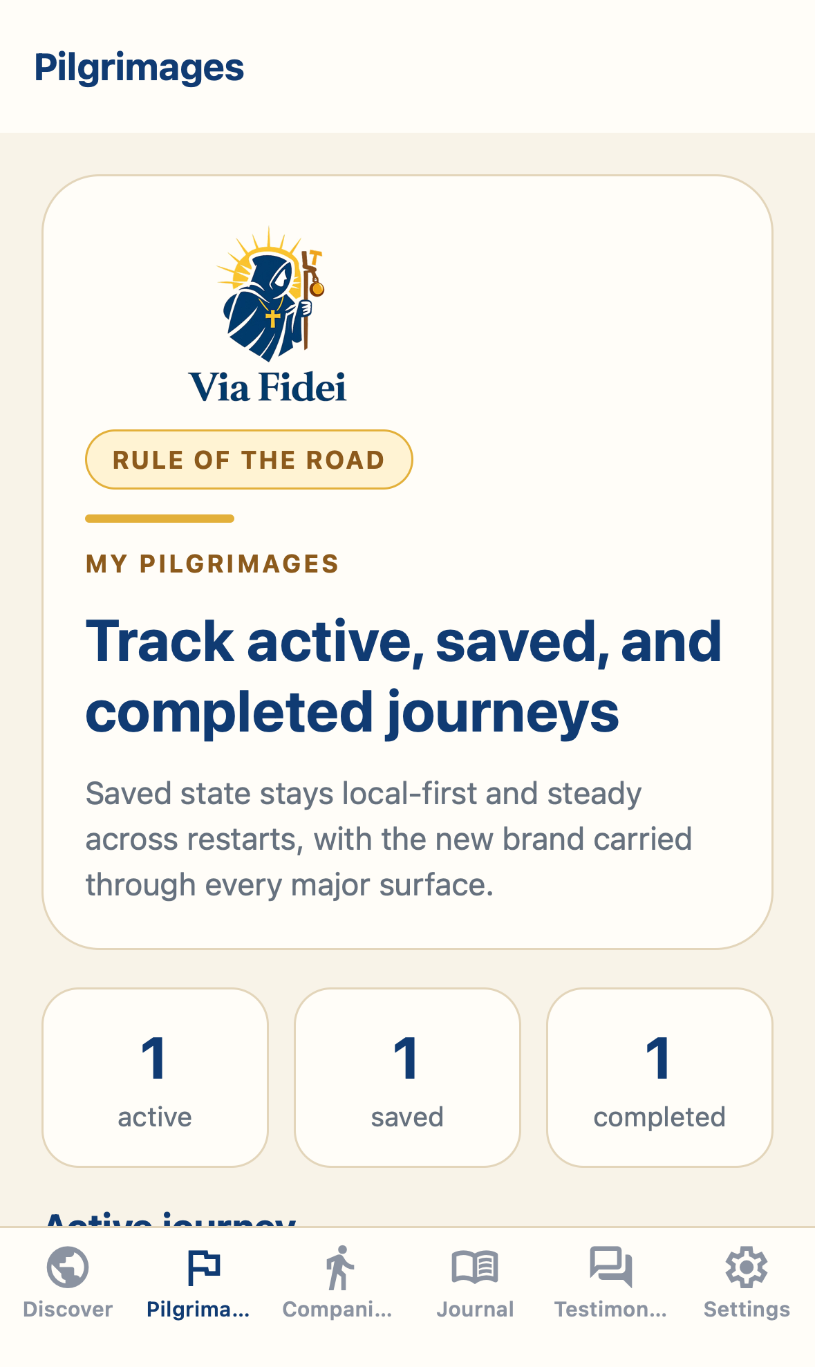 Via Fidei Pilgrimage dashboard screen