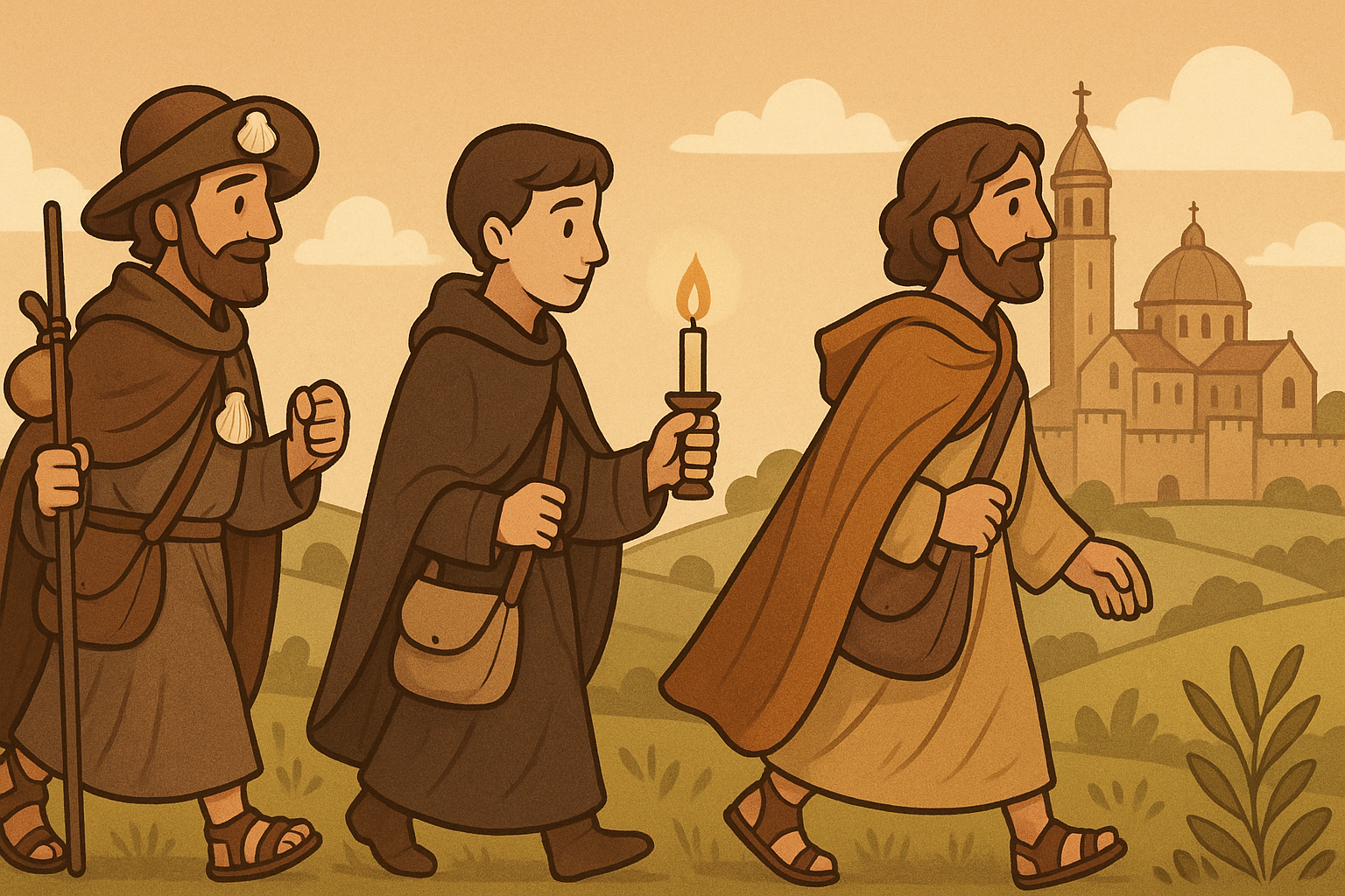 Illustrated historical pilgrims walking together